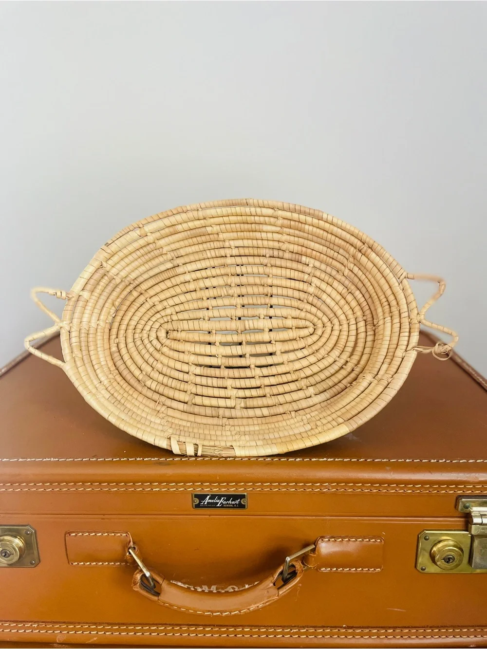 Oval Shaped Woven Basket Unique Handles Natural